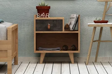 Mod Design Sängbord 50 cm med Förvaring Låda + Hylla Läderbe - Grå/Trä - Möbler - Bord & matgrupper - Avlastningsbord - Sängbord & nattduksbord
