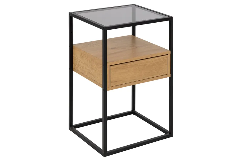 Sakila Sängbord 35 cm i Glas med Ekutseende, Förvaring med Låda, Natur