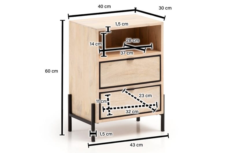 Sängbord Wohnling Massivt Mangoträ med 2 Lådor Ett Förvaringsfack - Möbler - Bord & matgrupper - Avlastningsbord - Sängbord & nattduksbord