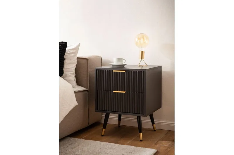 Sängbord Wohnling Modern look med 2 lådor tillverkade av spånskiva med ek-effekt glansiga höjdpunkter - Möbler - Bord & matgrupper - Avlastningsbord - Sängbord & nattduksbord