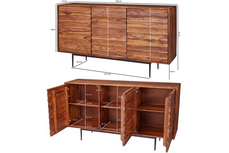Sideboard Wohnling Massivt trä dörrar med tryck-öppning 150 cm filigrana metallben industriell - Förvaring - Förvaringsmöbler - Sideboard & skänk
