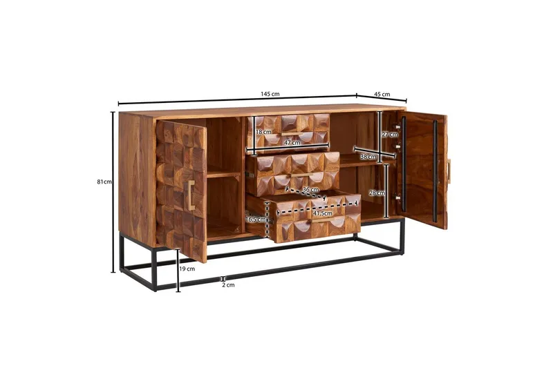 Sideboard Wohnling Massivt trä design front 145 cm med 2 dörrar 3 lådor industriell - Förvaring - Förvaringsmöbler - Sideboard & skänk