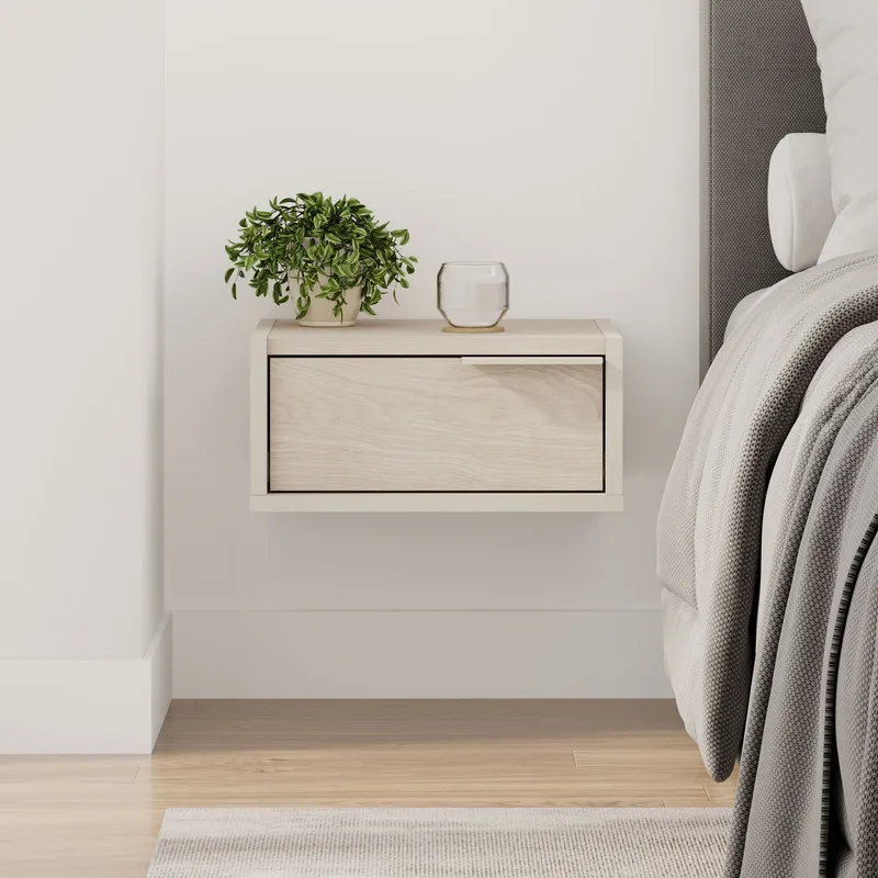 Silena Vägghängt Sängbord 40 cm med Trä- och Ekutseende, Förvaring med Låda - Beige - Möbler - Bord & matgrupper - Avlastningsbord - Sängbord & nattduksbord