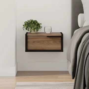 Silena Vägghängt Sängbord 40 cm med Trä- och Valnötsutseende, Förvaring med Låda - Brun|Svart - Möbler - Bord & matgrupper - Avlastningsbord - Sängbord & nattduksbord