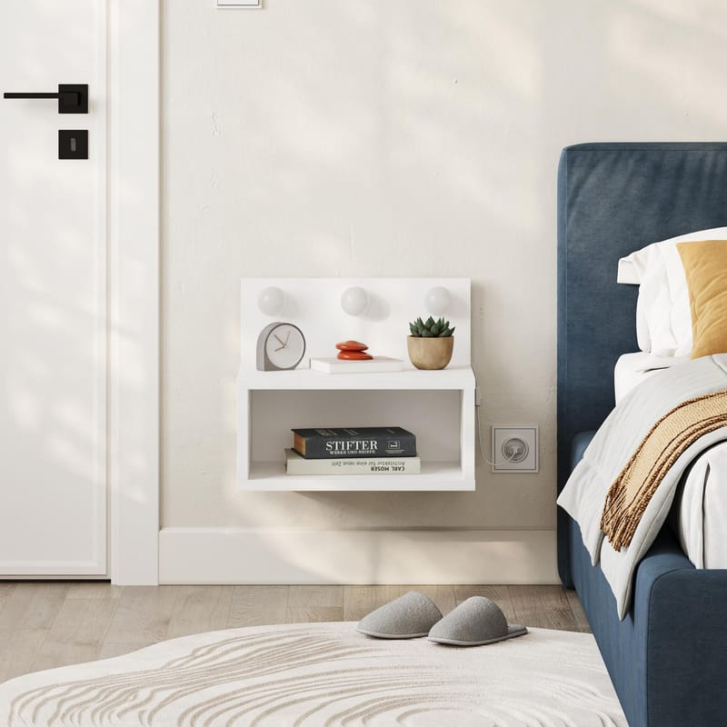 Sumira Vägghängt Sängbord 40 cm, Förvaring med Hylla och LED-belysning - Vit - Möbler - Bord & matgrupper - Avlastningsbord - Sängbord & nattduksbord