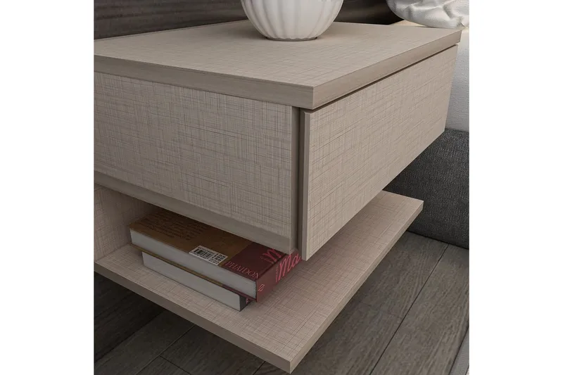 Telo Vägghängt Sängbord 45 cm med Ljust Träutseende, Förvaring med Låda - Beige - Möbler - Bord & matgrupper - Avlastningsbord - Sängbord & nattduksbord