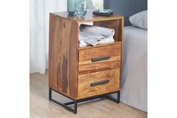 Wohnling Sängbord 35 cm i Massivt Sheeshamträ med Valnötsutseende, Förvaring med 2 Lådor och Hylla - Brun - Möbler - Bord & matgrupper - Avlastningsbord - Sängbord & nattduksbord
