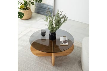 Bengul 75 cm Runt Soffbord i Glas med Träunderrede - Rökgrå - Möbler - Bord & matgrupper - Soffbord