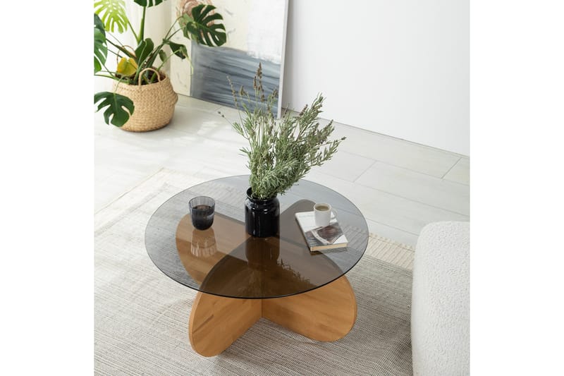 Bengul 75 cm Runt Soffbord i Glas med Träunderrede - Rökgrå - Möbler - Bord & matgrupper - Soffbord