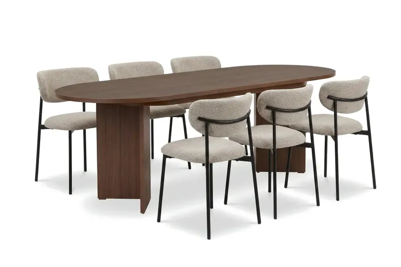 Dano Oval Utdragbar Matgrupp 160-200 cm – Matbord med 6 Lucy Matstolar med Trä- och Valnötsutseende, Brun|Greige