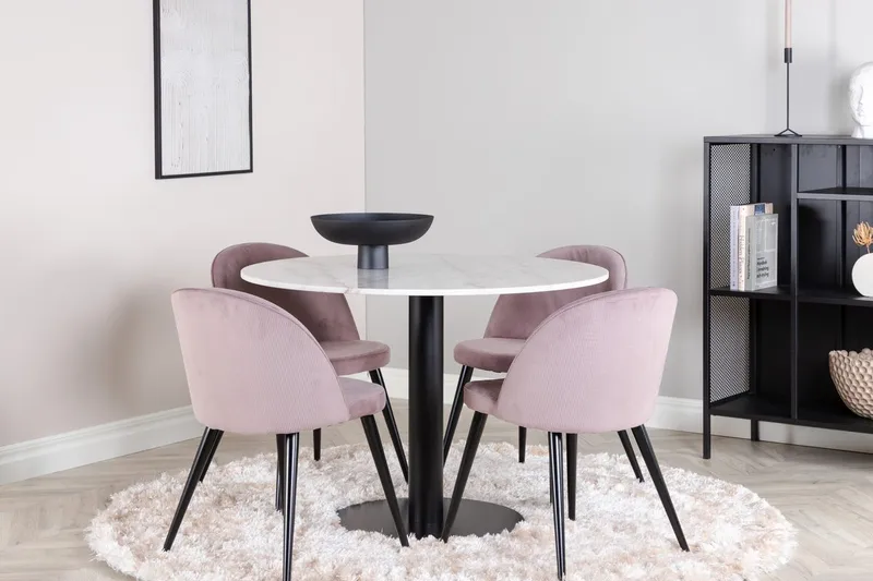 Estelle Matbord 106 cm Runt Marmor med 4 Velvet Matstol Manchester