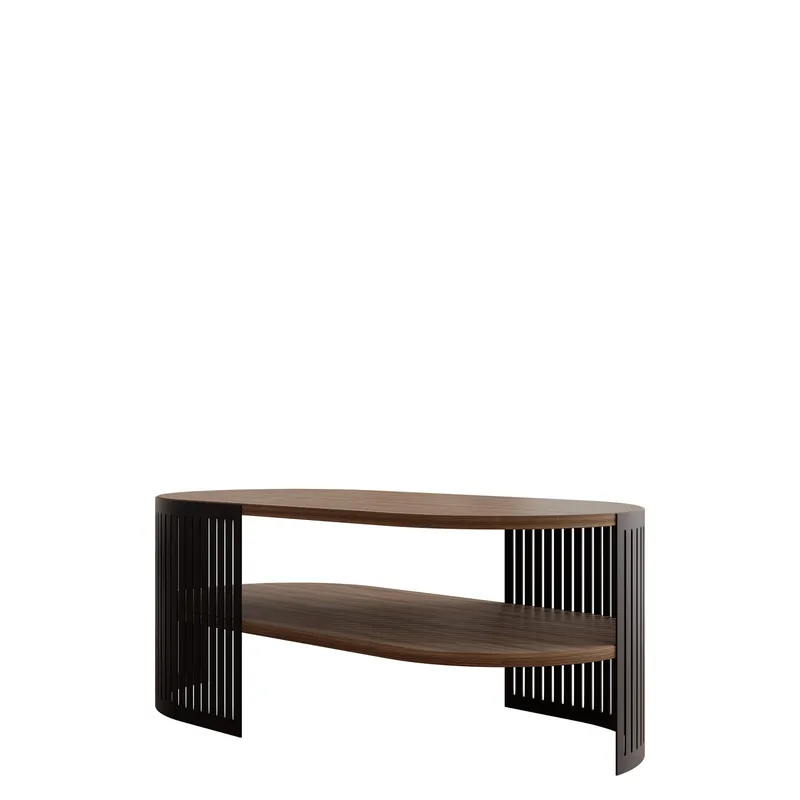 Friend Ovalt Soffbord med Hyllor 100x40 cm i Trä med Metallunderrede, Svart|Brun