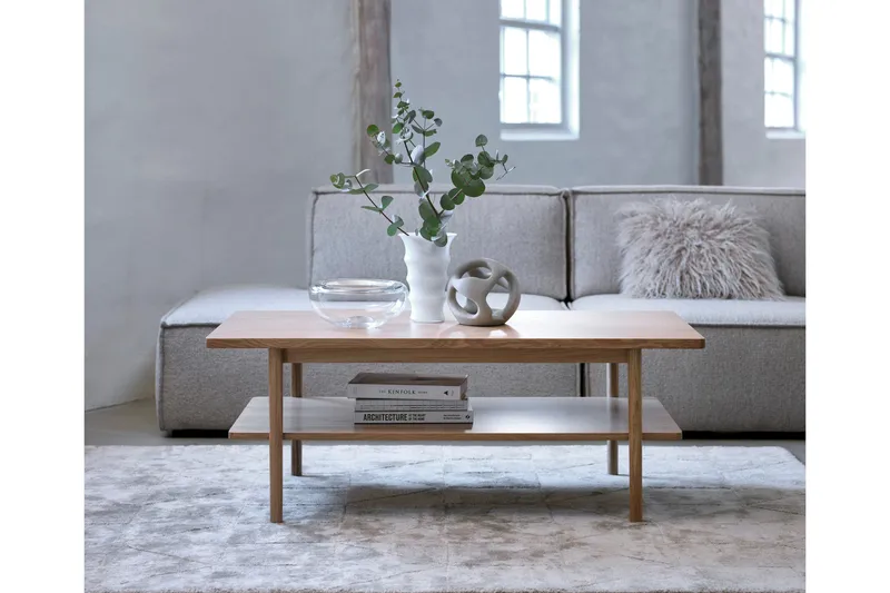 Grumio Rektangulärt Soffbord 120 cm med Hylla i Massivt Trä och Träfanér - Beige - Möbler - Bord & matgrupper - Soffbord
