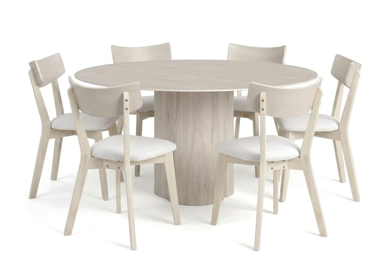 Juno Matgrupp 150 cm runt Vitlaserad med 6 Amelia Matstolar med Dyna - Vitlaserad/Beige - Möbler - Bord & matgrupper - Matgrupper