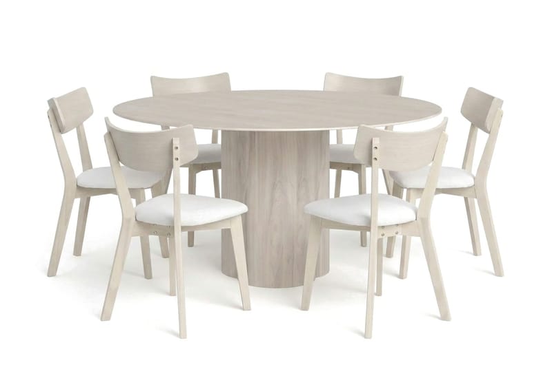 Juno Matgrupp 150 cm runt Vitlaserad med 6 Amelia Matstolar med Dyna - Vitlaserad/Beige - Möbler - Bord & matgrupper - Matgrupper