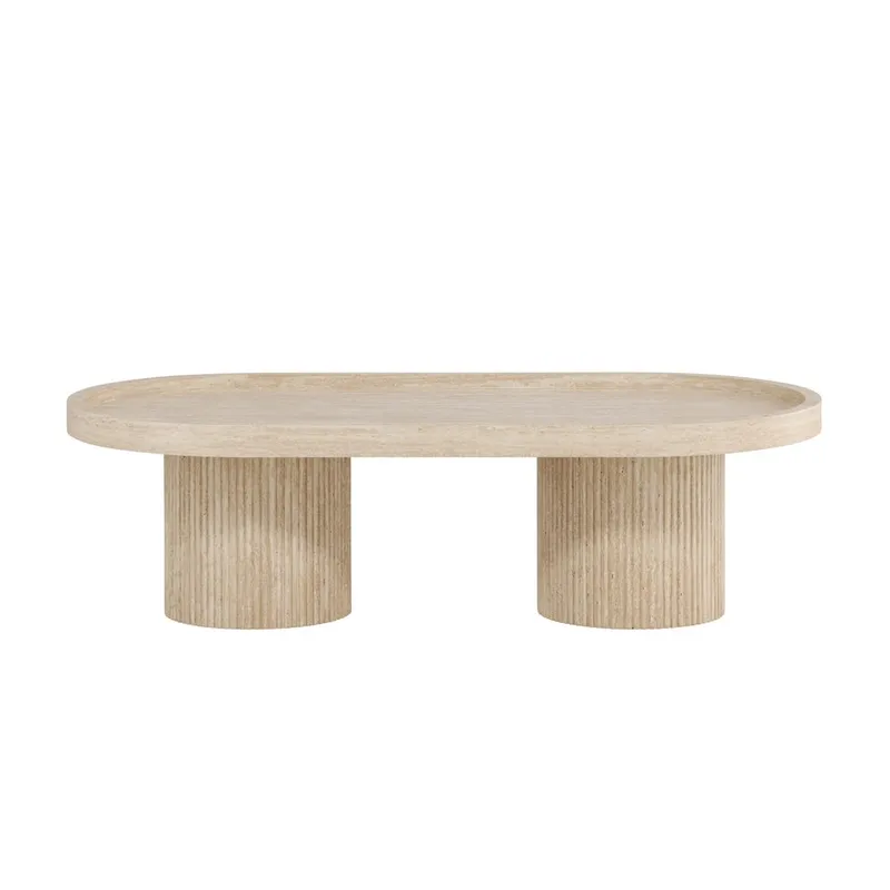 Krille Ovalt Soffbord i Sten med Räfflade Pelarben, Beige