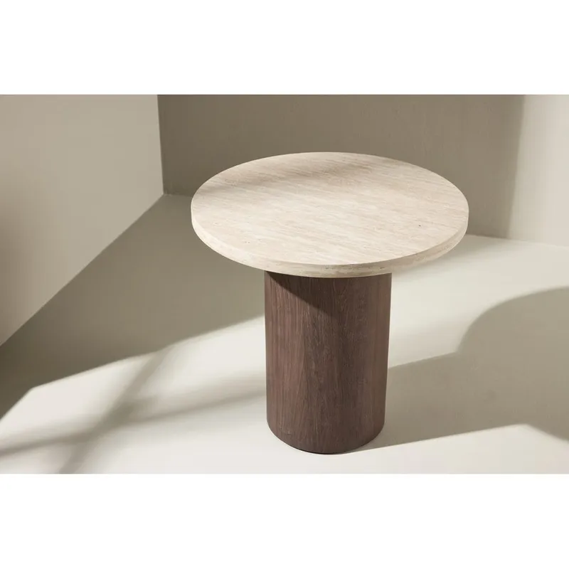 Megg 50 cm Runt Soffbord i Sten med Träunderrede - Beige - Möbler - Bord & matgrupper - Soffbord