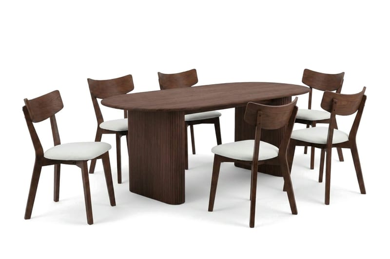 Noira Matgrupp 220 cm rektangulärt i Valnöt med 6 Amelia Matstolar med Dyna - Valnöt/Beige - Möbler - Bord & matgrupper - Matgrupper