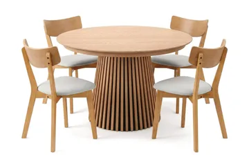 Peyra Rund Utdragbar Matgrupp 120-220 cm – Matbord med 4 Amelia Matstolar i Trä med Ekutseende - Natur - Möbler - Bord & matgrupper - Matgrupper