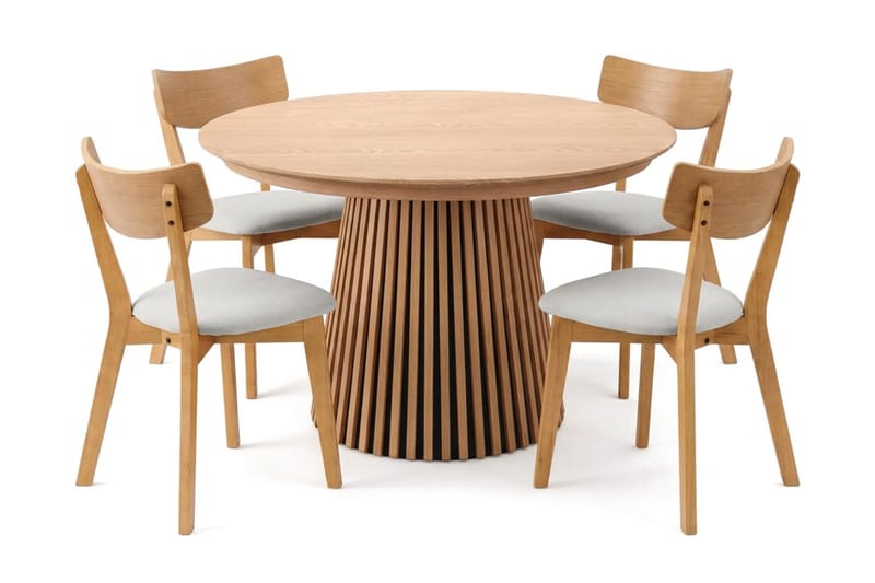 Peyra Rund Utdragbar Matgrupp 120-220 cm – Matbord med 4 Amelia Matstolar i Trä med Ekutseende - Natur - Möbler - Bord & matgrupper - Matgrupper