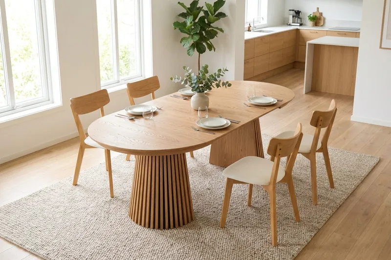 Peyra Rund Utdragbar Matgrupp 120-220 cm – Matbord med 4 Amelia Matstolar i Trä med Ekutseende - Natur - Möbler - Bord & matgrupper - Matgrupper