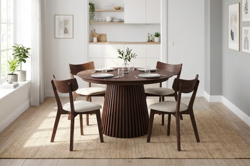 Peyra Rund Utdragbar Matgrupp 120-220 cm – Matbord med 4 Amelia Matstolar i Trä med Valnötsutseende - Brun - Möbler - Bord & matgrupper - Matgrupper