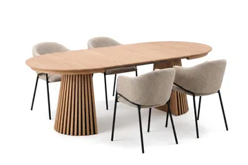 Peyra Rund Utdragbar Matgrupp 120-220 cm – Matbord med 4 Filip Matstolar i Trä med Ekutseende - Natur|Taupe - Möbler - Bord & matgrupper - Matgrupper