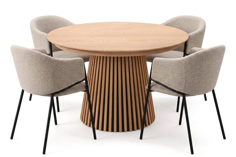 Peyra Rund Utdragbar Matgrupp 120-220 cm – Matbord med 4 Filip Matstolar i Trä med Ekutseende - Natur|Taupe - Möbler - Bord & matgrupper - Matgrupper