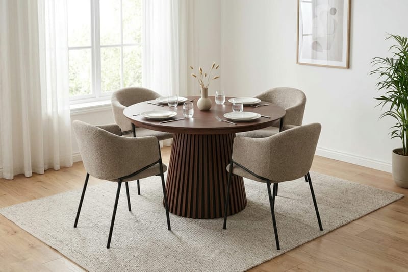 Peyra Rund Utdragbar Matgrupp 120-220 cm – Matbord med 4 Filip Matstolar i Trä med Valnötsutseende - Brun|Taupe - Möbler - Bord & matgrupper - Matgrupper
