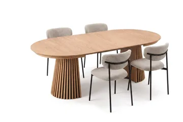 Peyra Rund Utdragbar Matgrupp 120-220 cm – Matbord med 4 Lucy Matstolar i Trä med Ekutseende - Natur|Greige - Möbler - Bord & matgrupper - Matgrupper