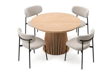 Peyra Rund Utdragbar Matgrupp 120-220 cm – Matbord med 4 Lucy Matstolar i Trä med Ekutseende - Natur|Greige - Möbler - Bord & matgrupper - Matgrupper