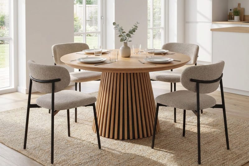 Peyra Rund Utdragbar Matgrupp 120-220 cm – Matbord med 4 Lucy Matstolar i Trä med Ekutseende - Natur|Greige - Möbler - Bord & matgrupper - Matgrupper