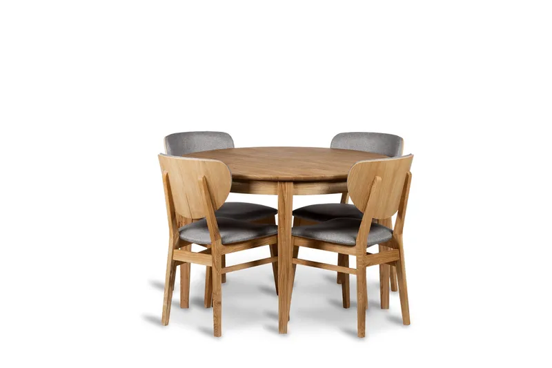 Rönne Förlängningsbar Matgrupp 110-150 cm Runt med 4 Borgholm Stolar i massivt trä, Brun/Natur