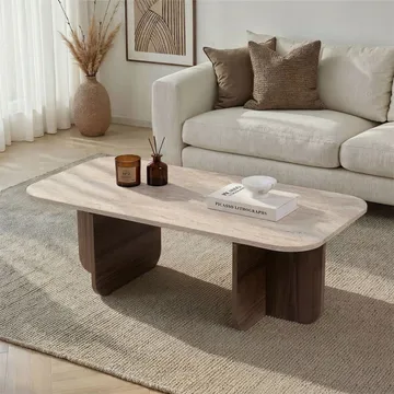 Salrin Rektangulärt Soffbord 120x60 cm med Travertin- och Valnötsutseende - Beige - Möbler - Bord & matgrupper - Soffbord