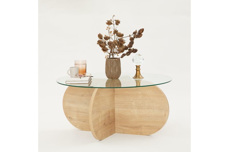 Bengul 75 cm Runt Soffbord i Glas med Träunderrede - Klar - Möbler - Bord & matgrupper - Soffbord