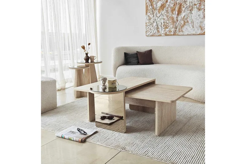 Dasina 105 cm Rektangulärt Soffbord i Trä med Förskjutna Skivor - Beige - Möbler - Bord & matgrupper - Soffbord