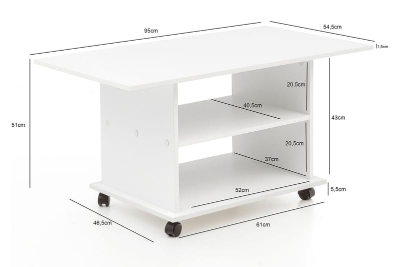 Dewand Rektangulärt Soffbord 95 cm med Hjul och Hyllor i Trä - Vit - Möbler - Bord & matgrupper - Soffbord - Soffbord med hjul