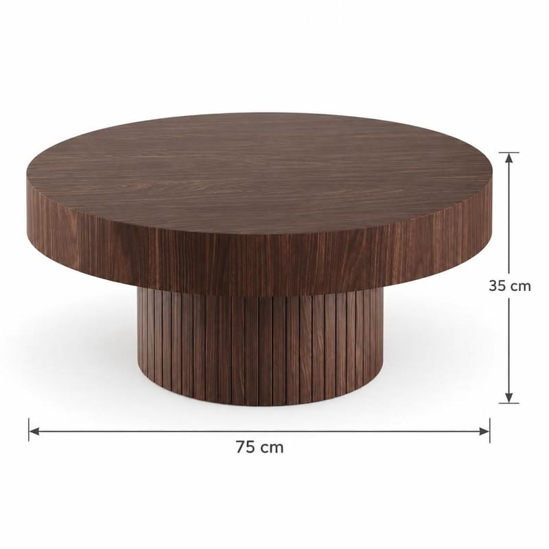 Kopparbo Runt Soffbord 75 cm i Trä med Valnötsutseende och Ribbad Pelarfot - Brun - Möbler - Bord & matgrupper - Soffbord