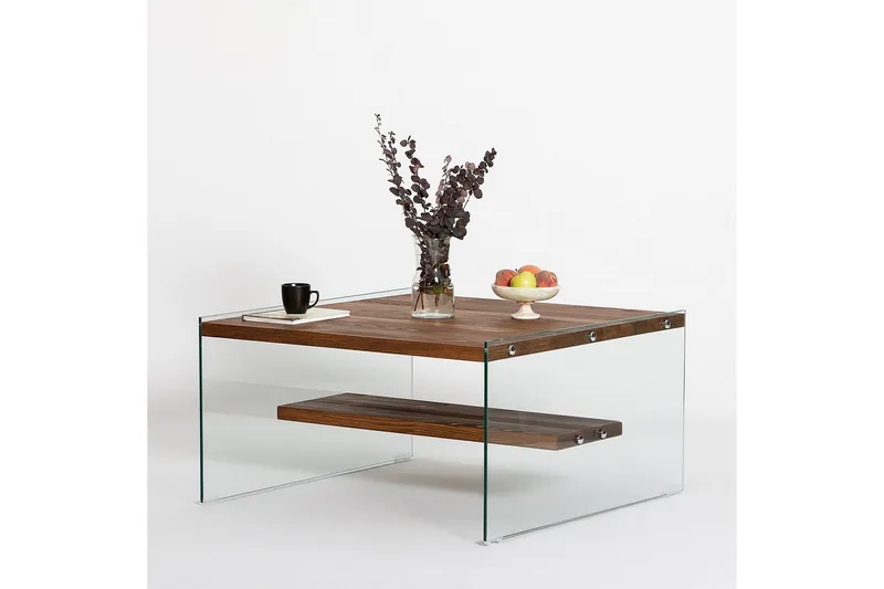 Lepinas 75 cm Kvadratiskt Soffbord med Glassidor och Hylla i Ljust Trä - Brun - Möbler - Bord & matgrupper - Soffbord