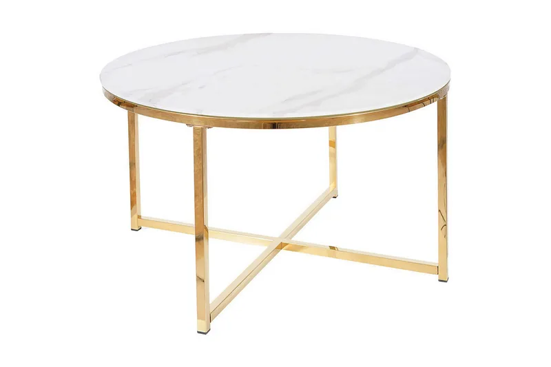 Salmaise Soffbord 80 cm Runt Marmormönster, Vit/Guld/Glas