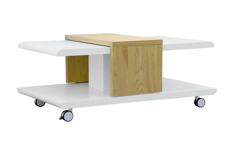Saturnina Soffbord 110 cm med Förvaring Hyllor på Hjul, Vit/Trä