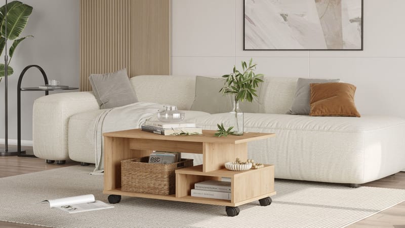 Solven 90x42,5x51 cm Rektangulärt Soffbord med Hyllor och Hjul i Ek - Brun - Möbler - Bord & matgrupper - Soffbord