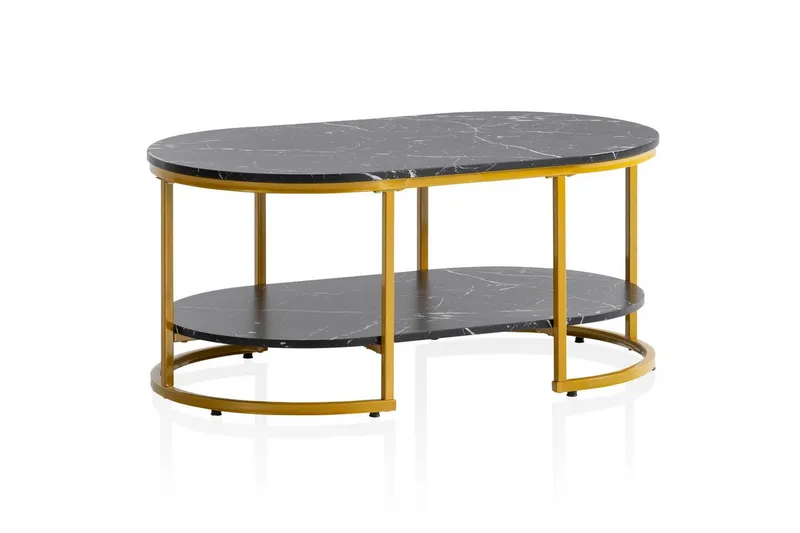 Soffbord Wohnling marmorutseende ovalt 100 cm med förvaringshylla, Bauhaus-stil Marmor Svart, Marmor Svart