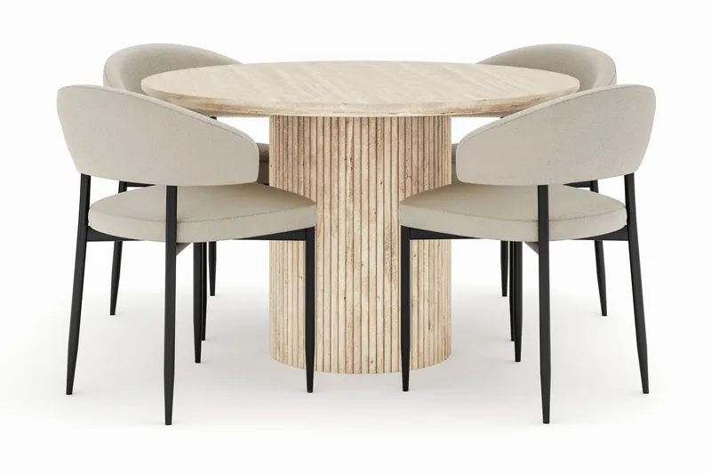 Uppveda Matbord Runt 120 cm med 4 Sawako Stolar - Beige - Möbler - Bord & matgrupper - Matgrupper