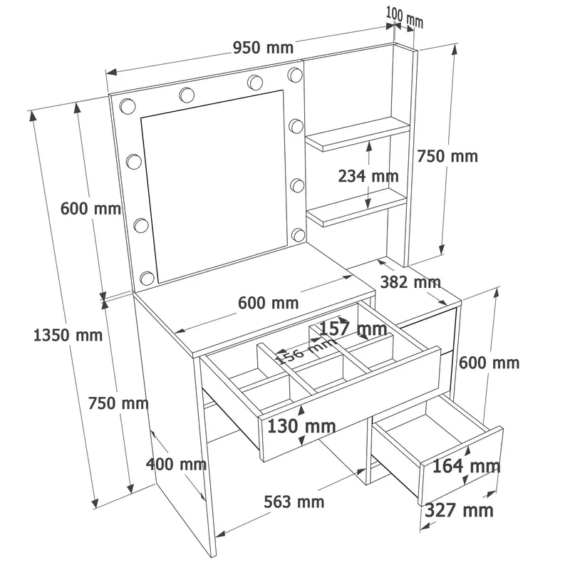 Uvero Sminkbord 69,4x135x40 cm - Vit - Möbler - Bord & matgrupper - Sminkbord & toalettbord