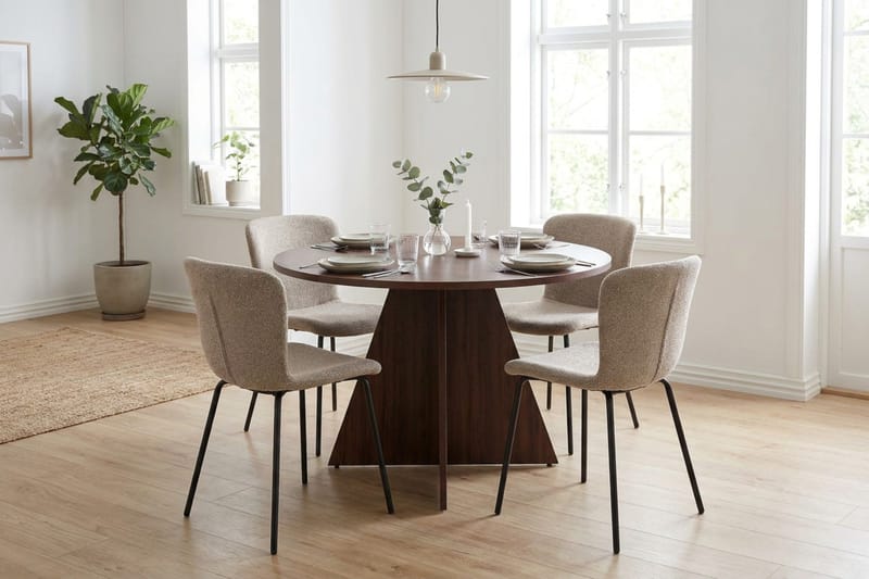 Vera Rund Matgrupp 110 cm – Matbord med 4 Katy Matstolar med Trä- och Valnötsutseende - Brun - Möbler - Bord & matgrupper - Matgrupper