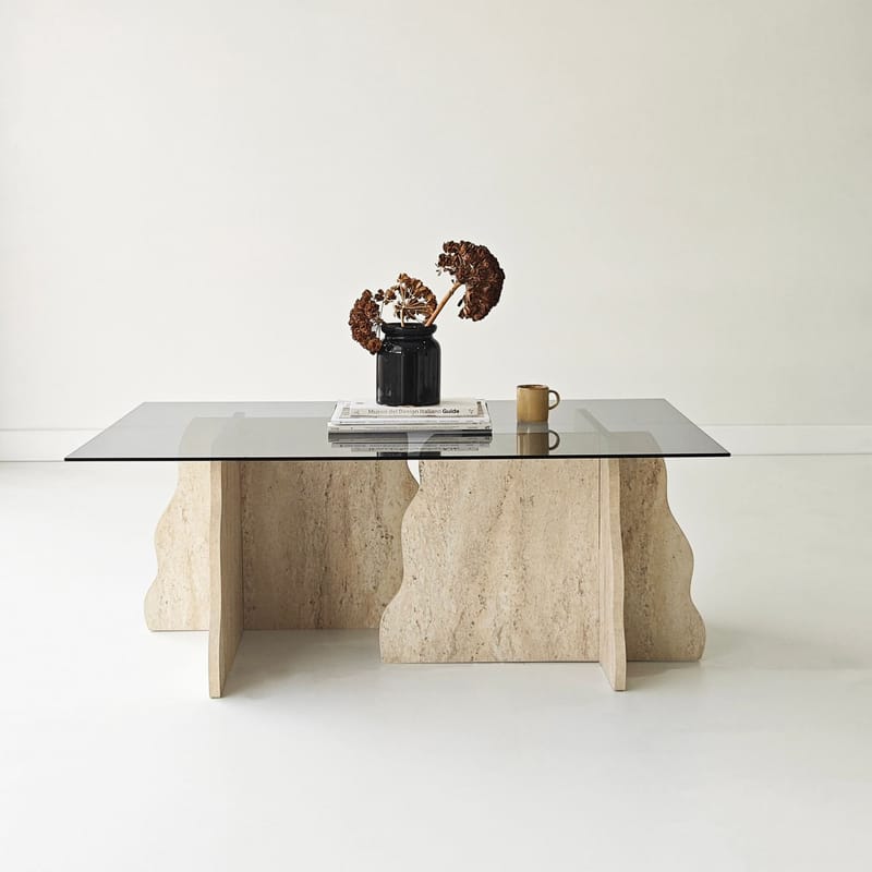 Zevric Soffbord 65x105 cm Rektangulär Glas - Travertin Och Rökt - Möbler - Bord & matgrupper - Soffbord