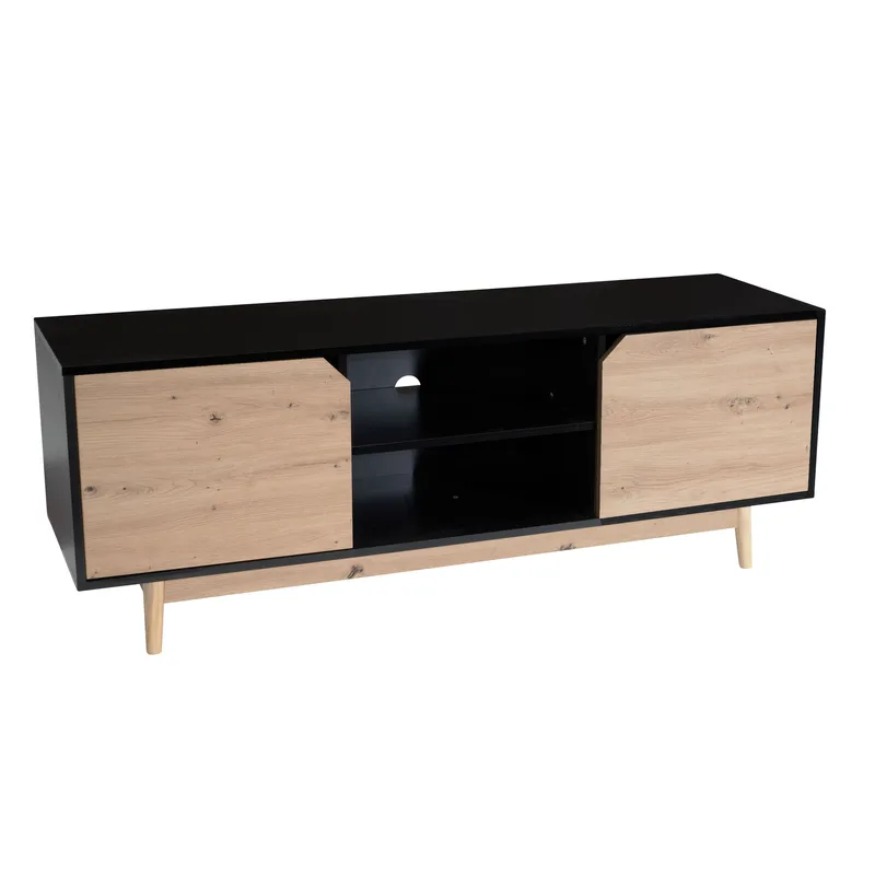 Alaro TV-bänk 150 cm, Svart med ekfärgade fronter/ben