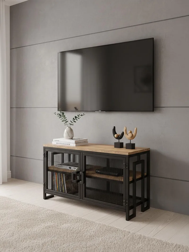 Alvorn Tv-Bänk 90 cm med Förvaring i Metall med Träskiva - Svart - Möbler - Tv möbel & mediamöbel - TV bänk & mediabänk