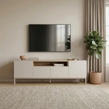 Arvold TV-bänk 160x50x35 cm - Sandstone och Sapphire Oak - Möbler - Tv möbel & mediamöbel - TV bänk & mediabänk